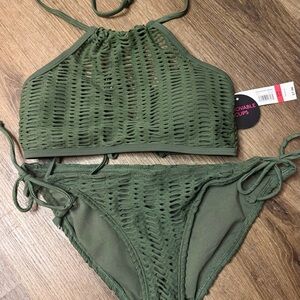 NWT No Boundaries Olive Green Crochet Halter Bikini